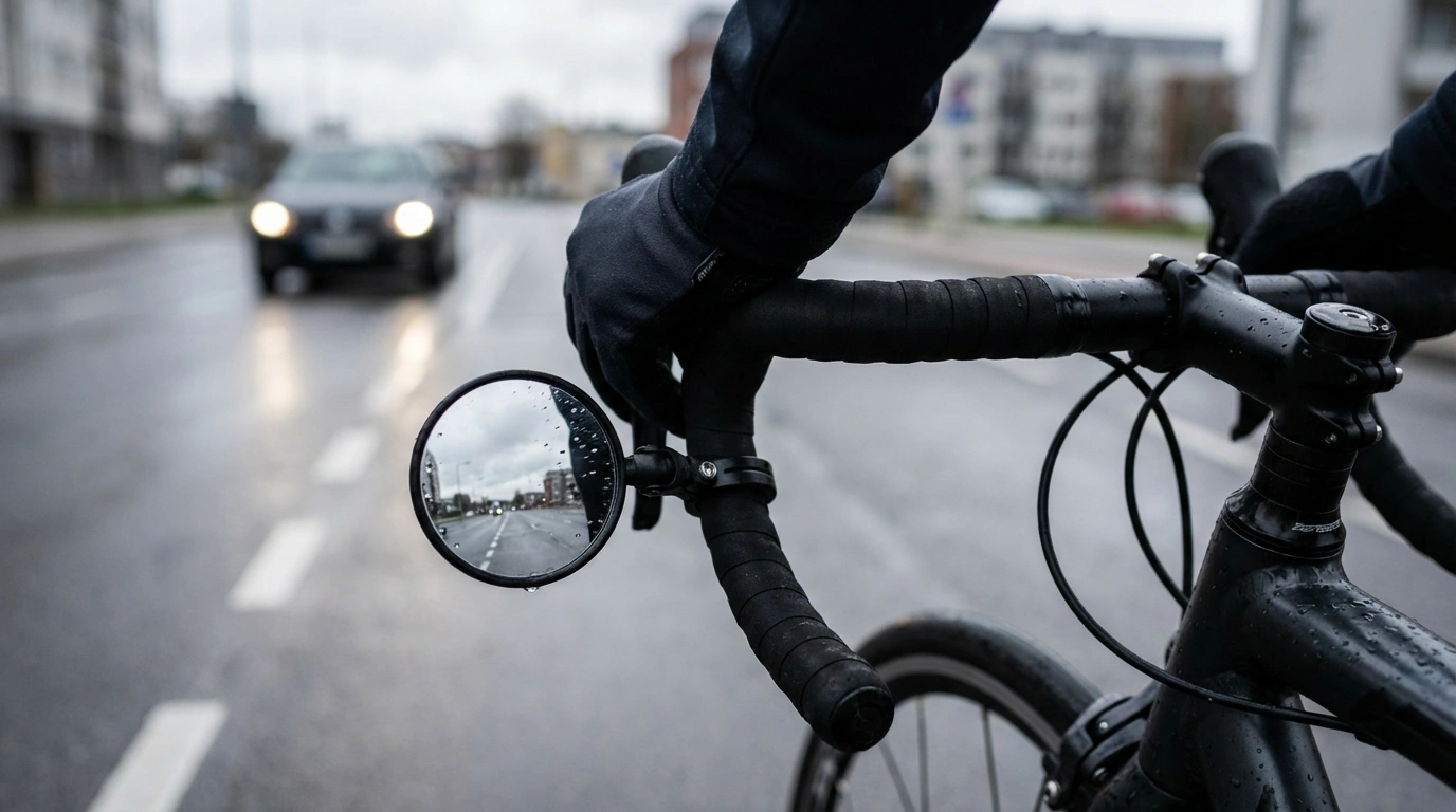Cyclist POV cockpit view with bar-end bicycle mirror reflecting the road behind