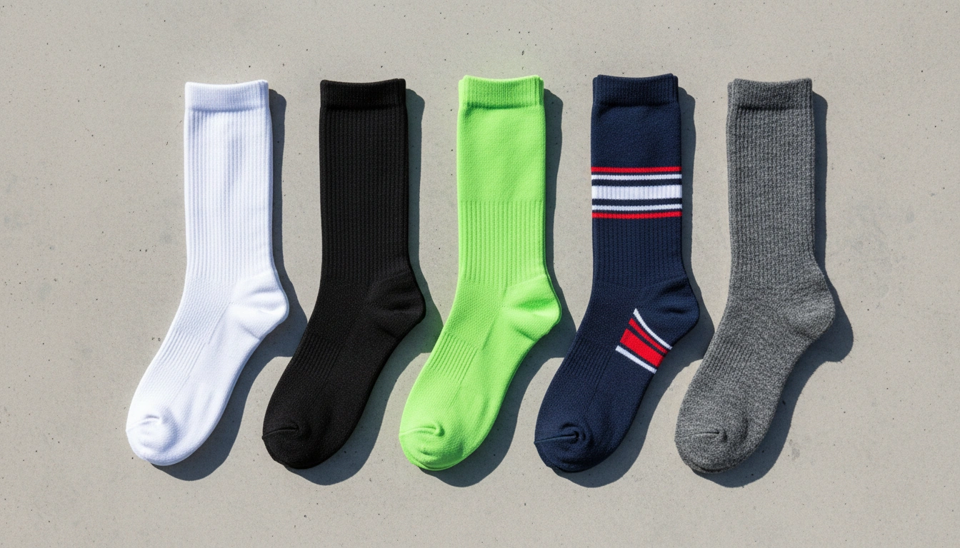 Five pairs of cycling socks in different colors flat lay on concrete