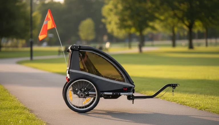 Child bike trailer with safety flag on park bike path