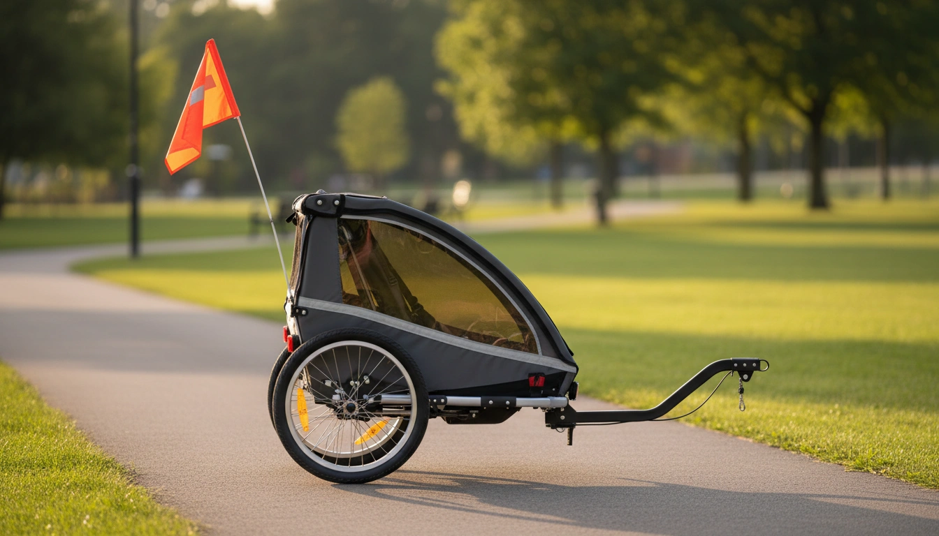 Child bike trailer with safety flag on park bike path