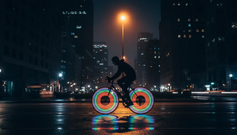 Cyclist riding at night with glowing LED spoke wheel lights on city street