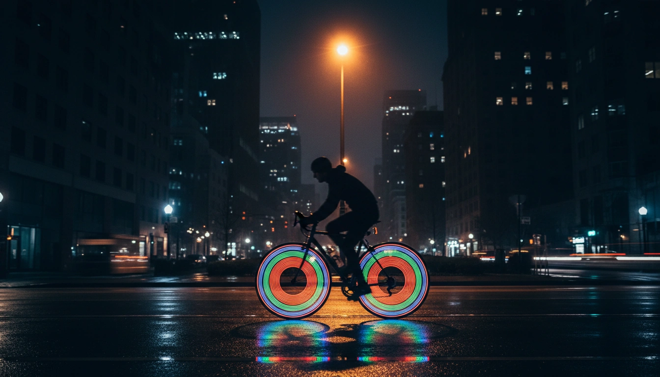 Cyclist riding at night with glowing LED spoke wheel lights on city street