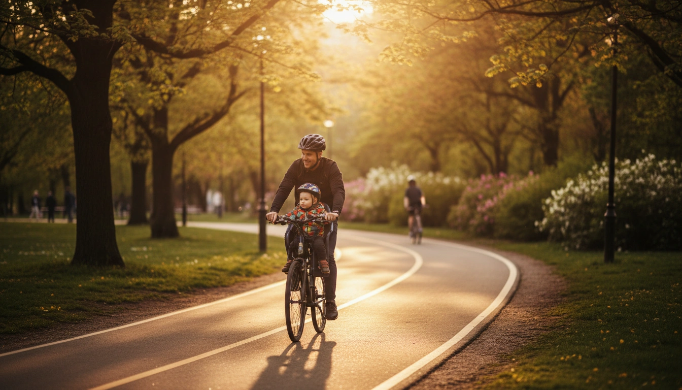 Parent cycling with toddler in child bike seat on park path