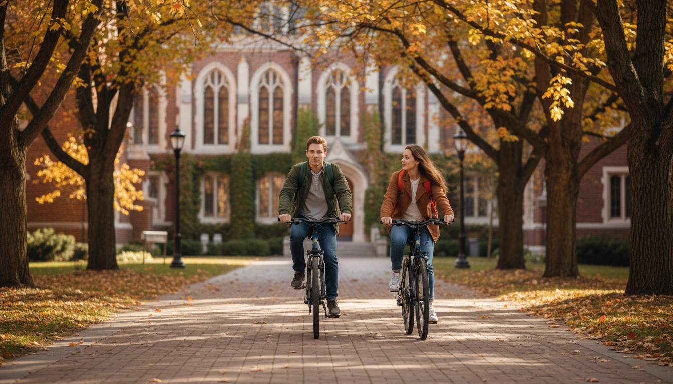 Two college students riding hybrid bikes on a university campus in autumn