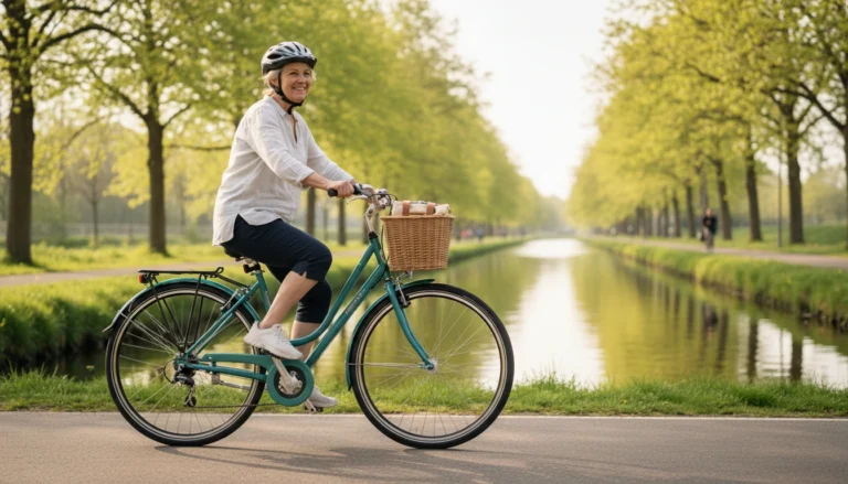 Mature woman riding teal step-through comfort bike on canal path