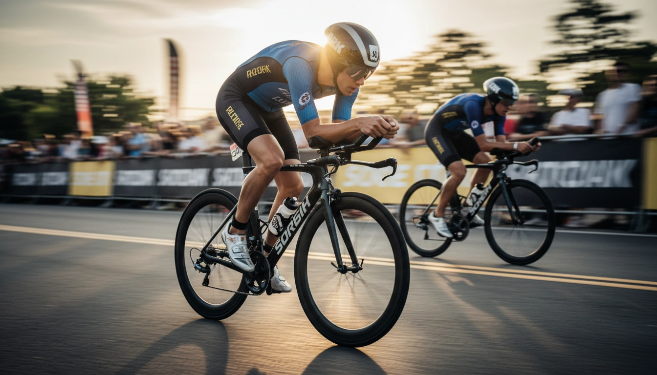 Triathlete riding in aero position with clip-on aero bars during a race