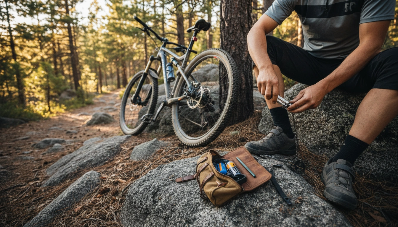 Cyclist repairing mountain bike with multi-tool on granite rocks in pine forest