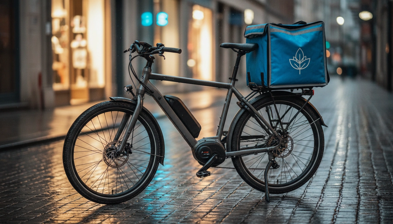 Cargo electric bike with delivery bag on wet city street