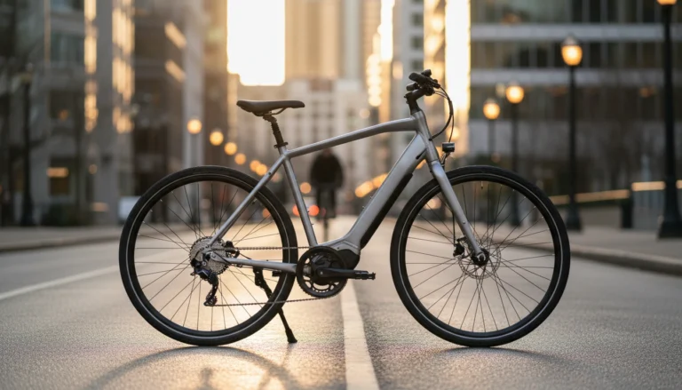 Modern commuter electric bike on city street at golden hour