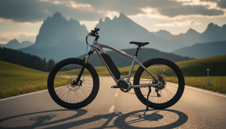 Premium electric bike with fat tires and mountain backdrop