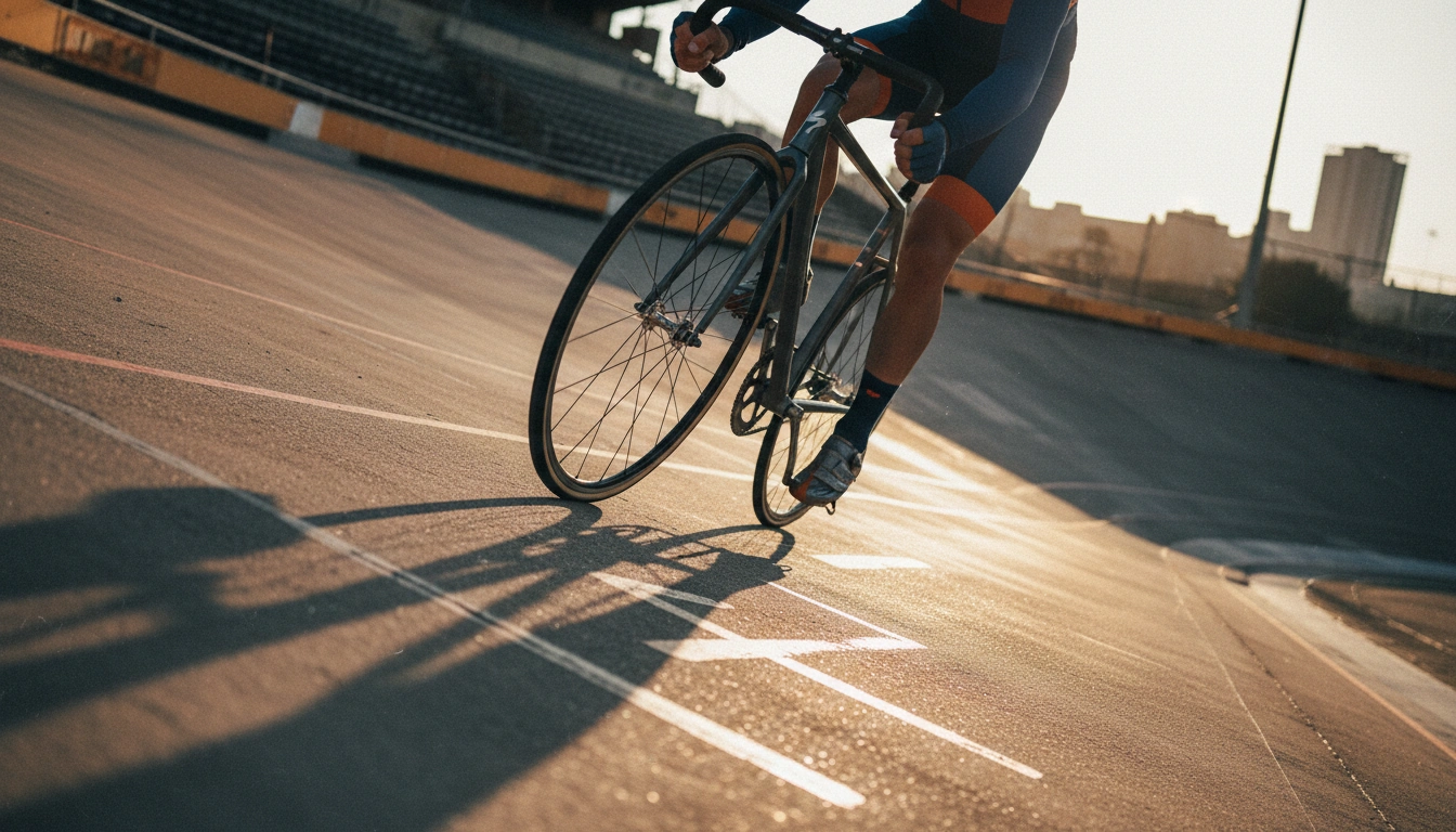 Track cyclist racing on velodrome banking with fixed gear bike at golden hour