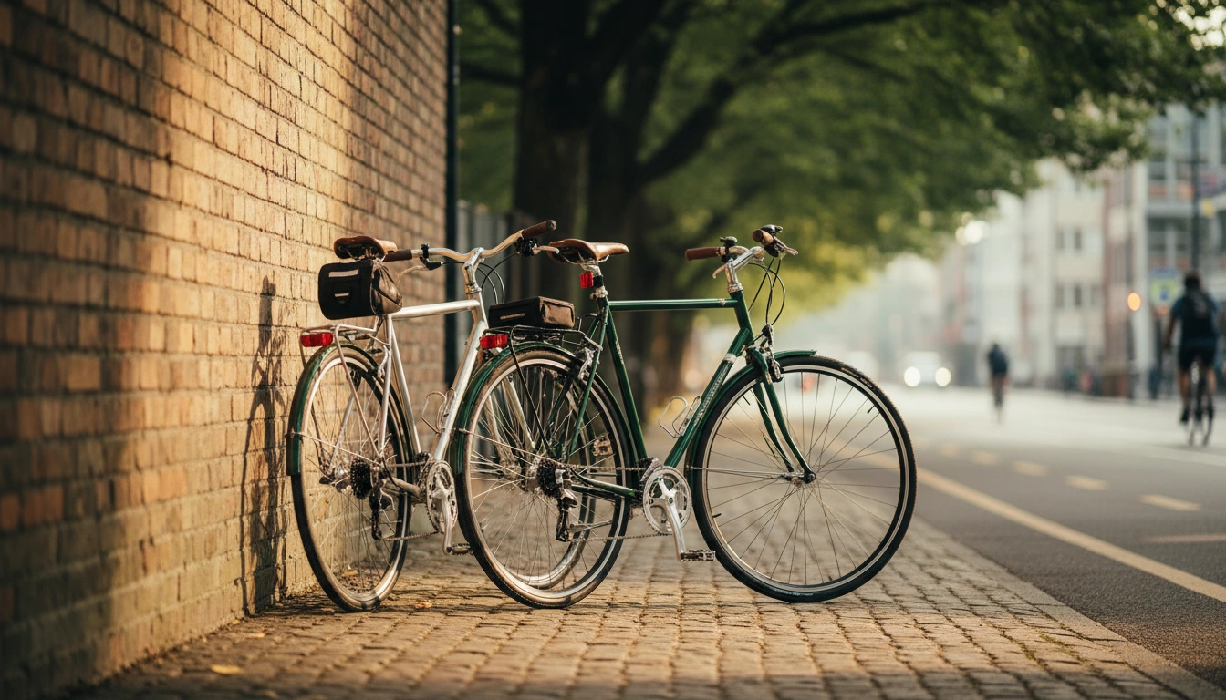 Best hybrid bikes under $200 - two commuter bikes leaning against brick wall on urban street