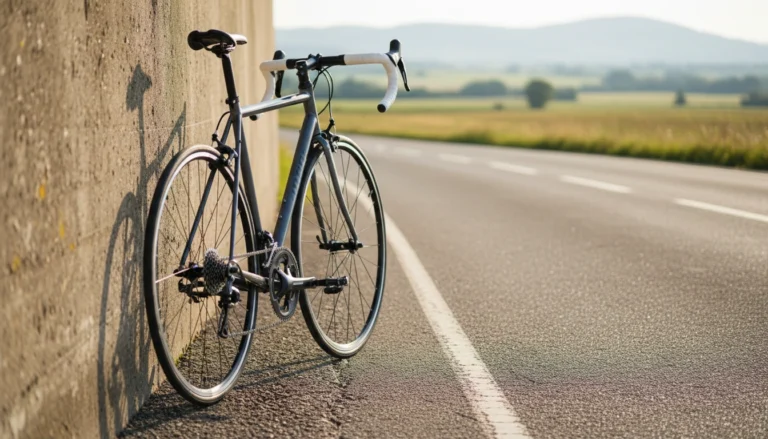 Classic road bike leaning against stone wall on country road