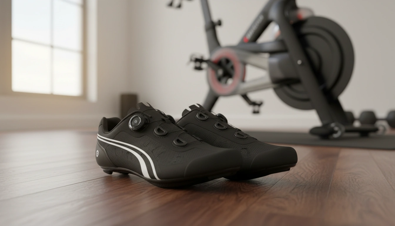 Indoor cycling shoes with BOA dial next to exercise bike