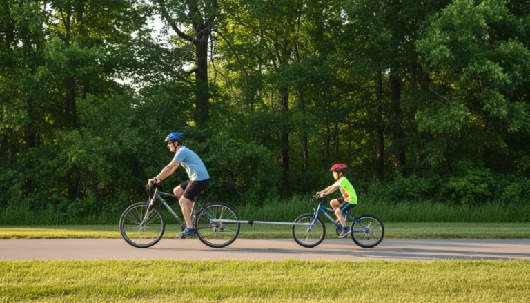 Child riding trail-a-bike attachment behind parent bicycle