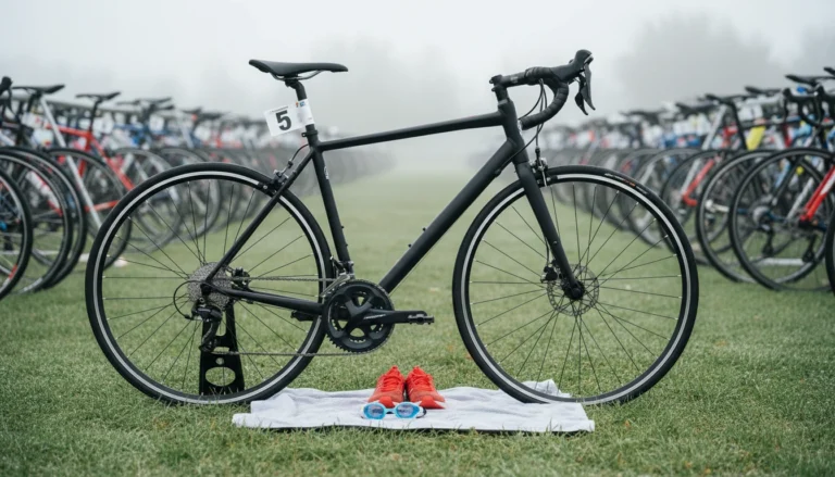 Modern black road bike in triathlon transition area on misty morning