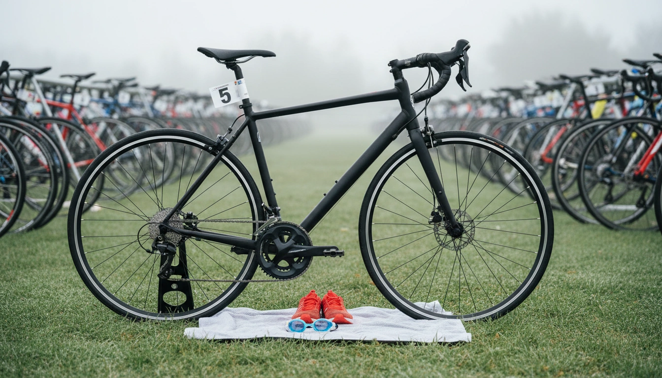 Modern black road bike in triathlon transition area on misty morning