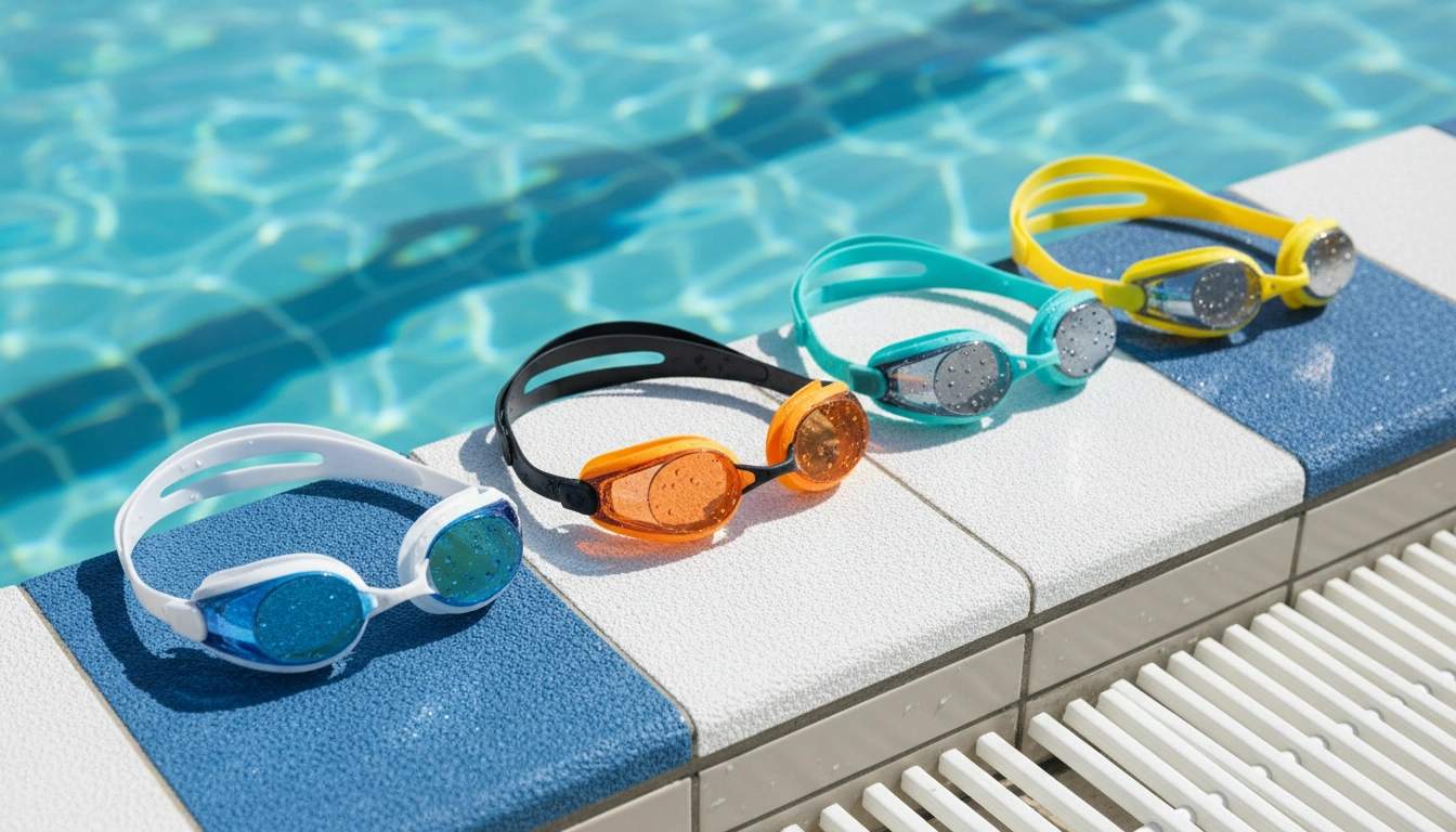 Four pairs of colorful swim goggles on poolside starting block