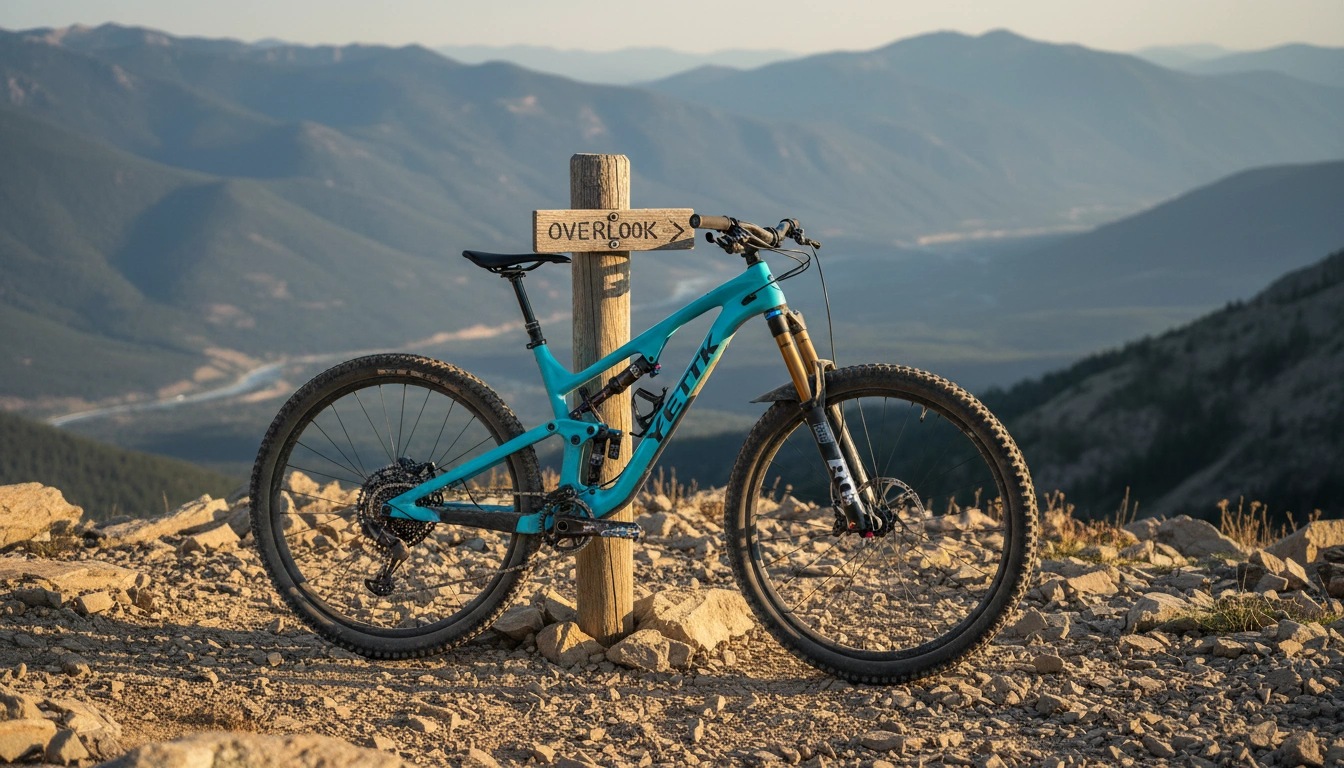 Turquoise Yeti full suspension mountain bike at mountain overlook
