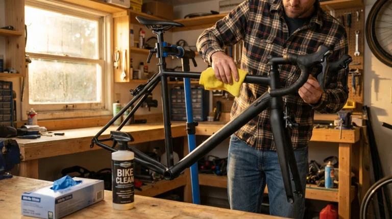 Cyclist cleaning a matte black aluminum bike frame on a workbench with bike cleaner and tools
