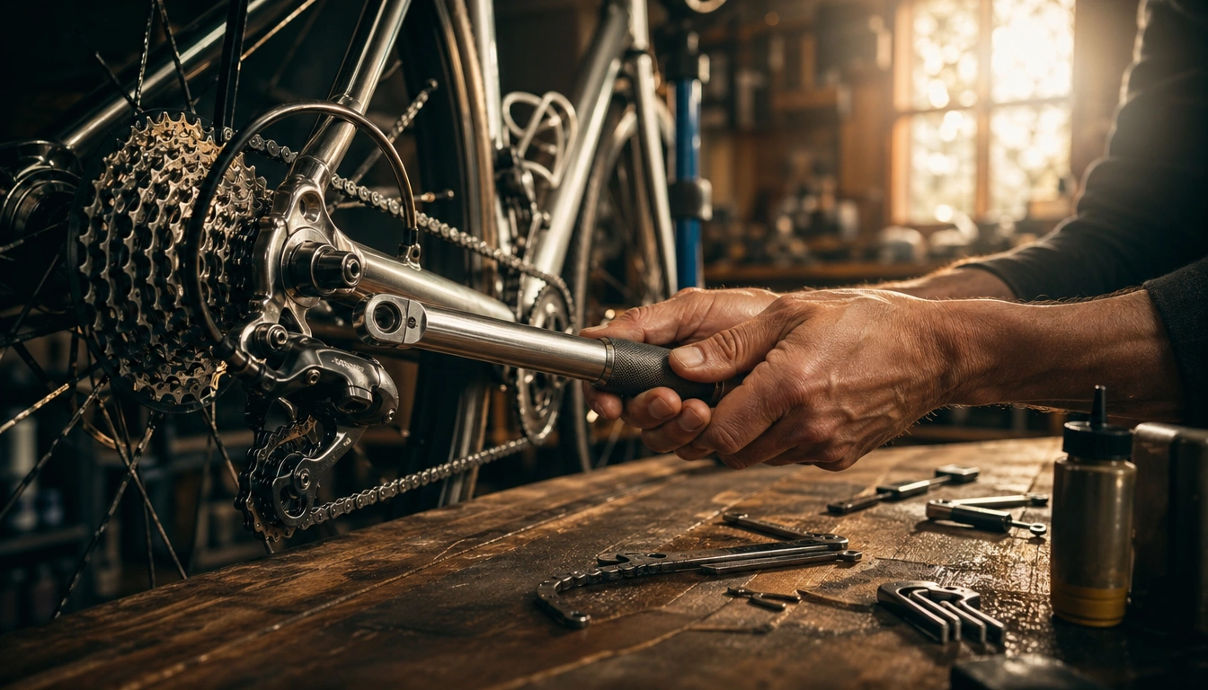Mechanic adjusting bike derailleur during a tune-up at a workshop