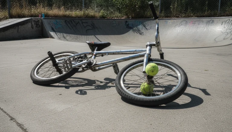 BMX bike wheel with tennis balls jammed between spokes at skatepark