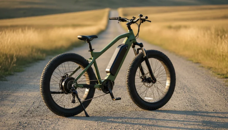Heavy duty electric bike on gravel path at golden hour