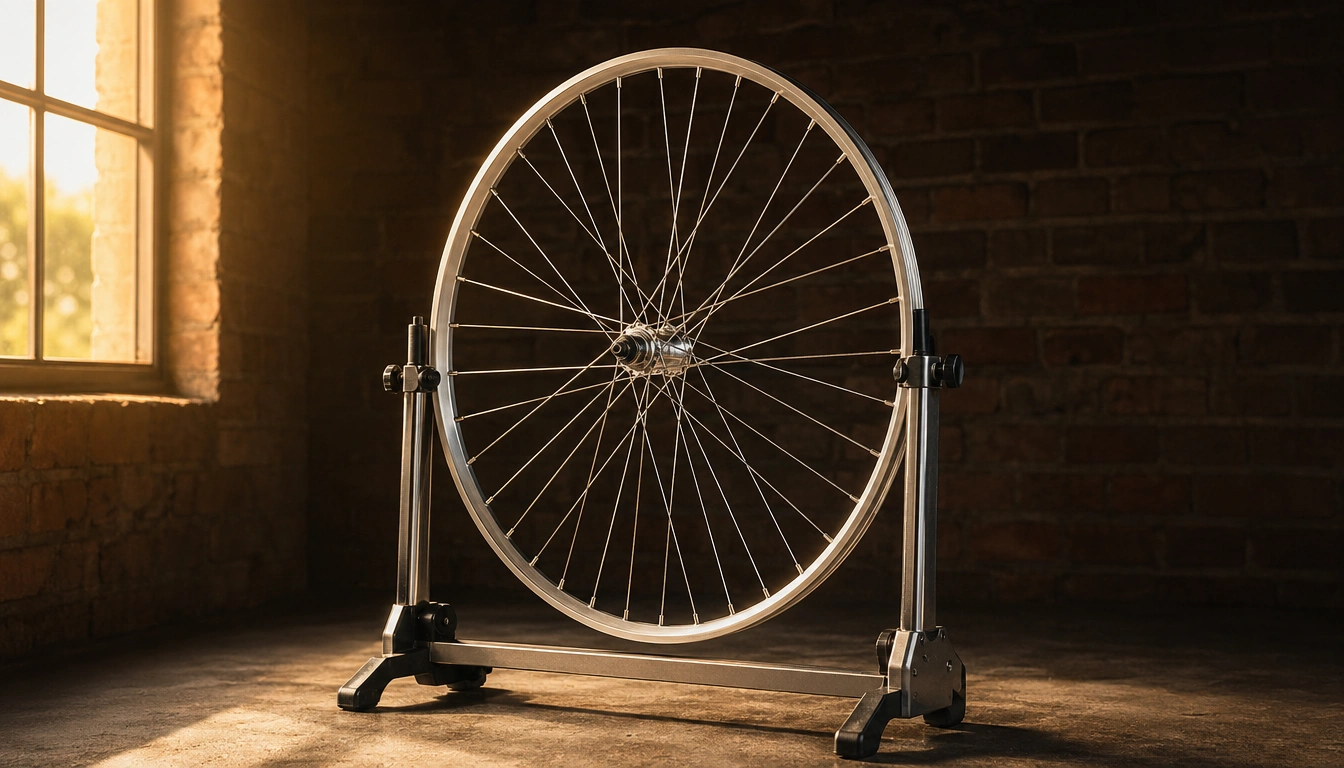Bicycle wheel mounted in a Park Tool truing stand for spoke adjustment
