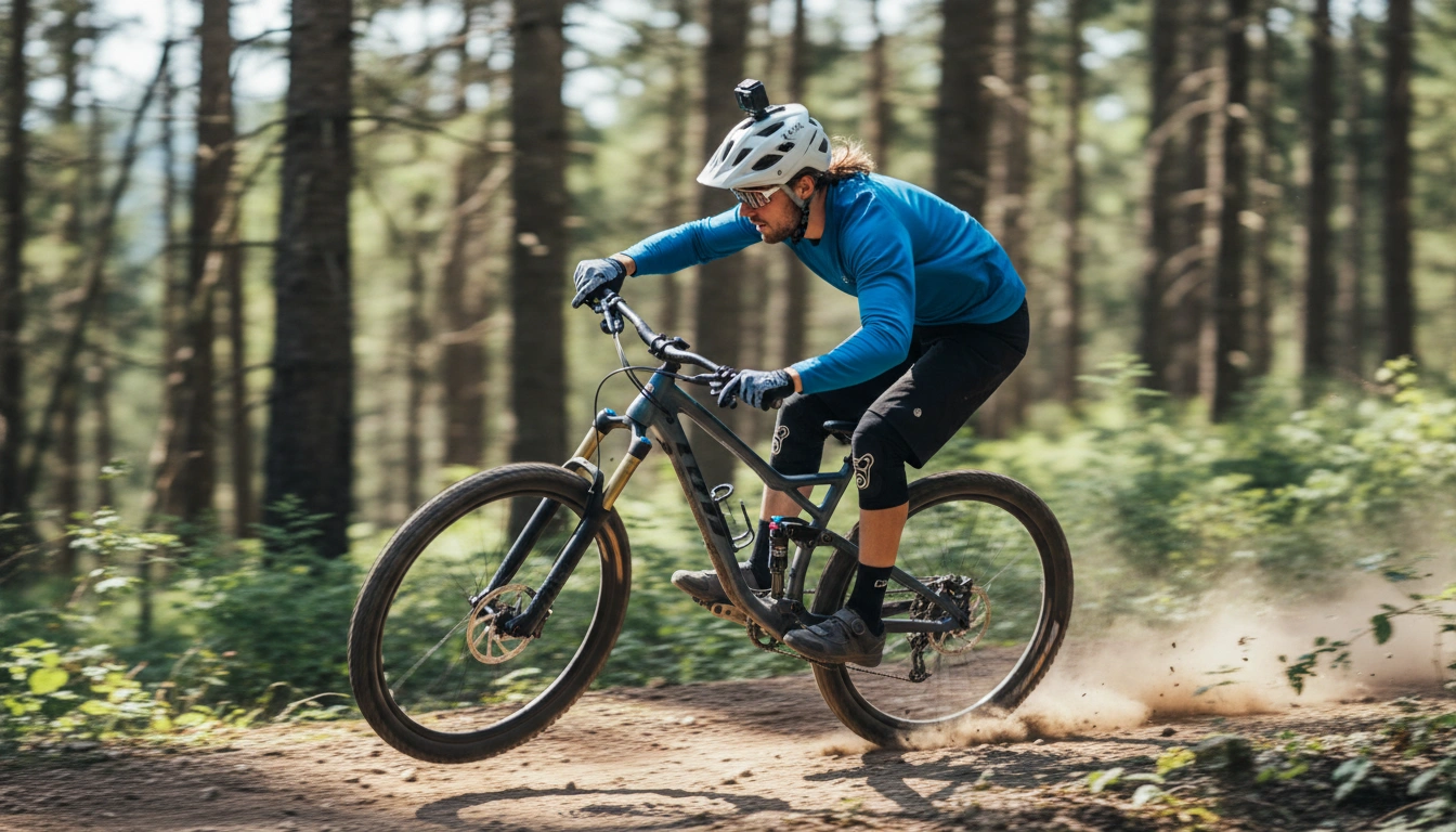Mountain biker with action camera mounted on helmet riding on forest trail