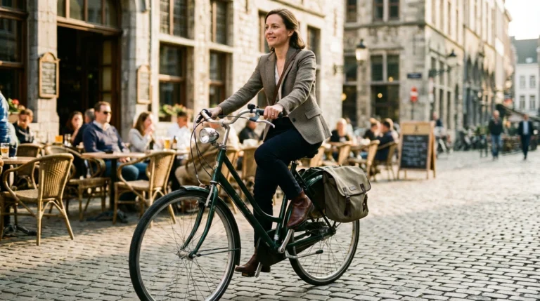 Woman riding a step-through city bike with rear pannier on a European cobblestone street