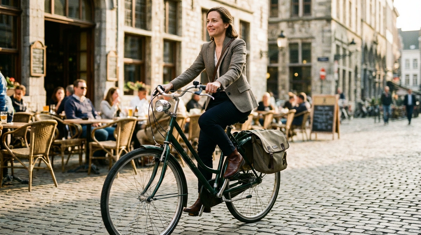 Woman riding a step-through city bike with rear pannier on a European cobblestone street