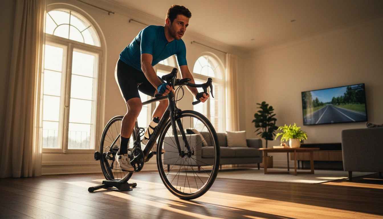 Cyclist pedaling a road bike mounted on a fluid trainer in a bright home living room