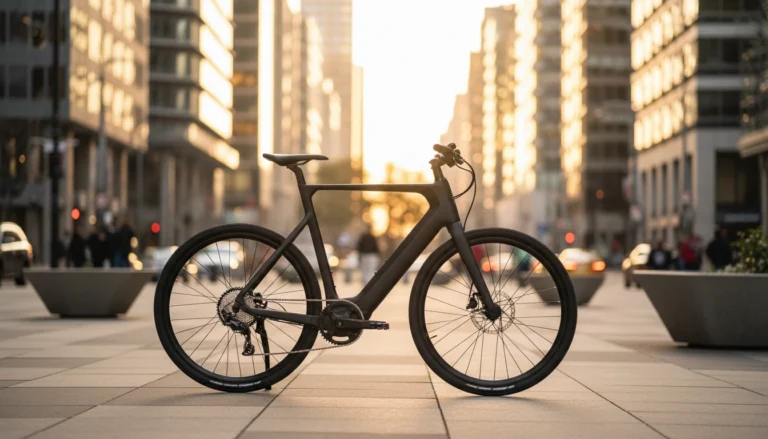 Modern electric bike in urban plaza at sunset