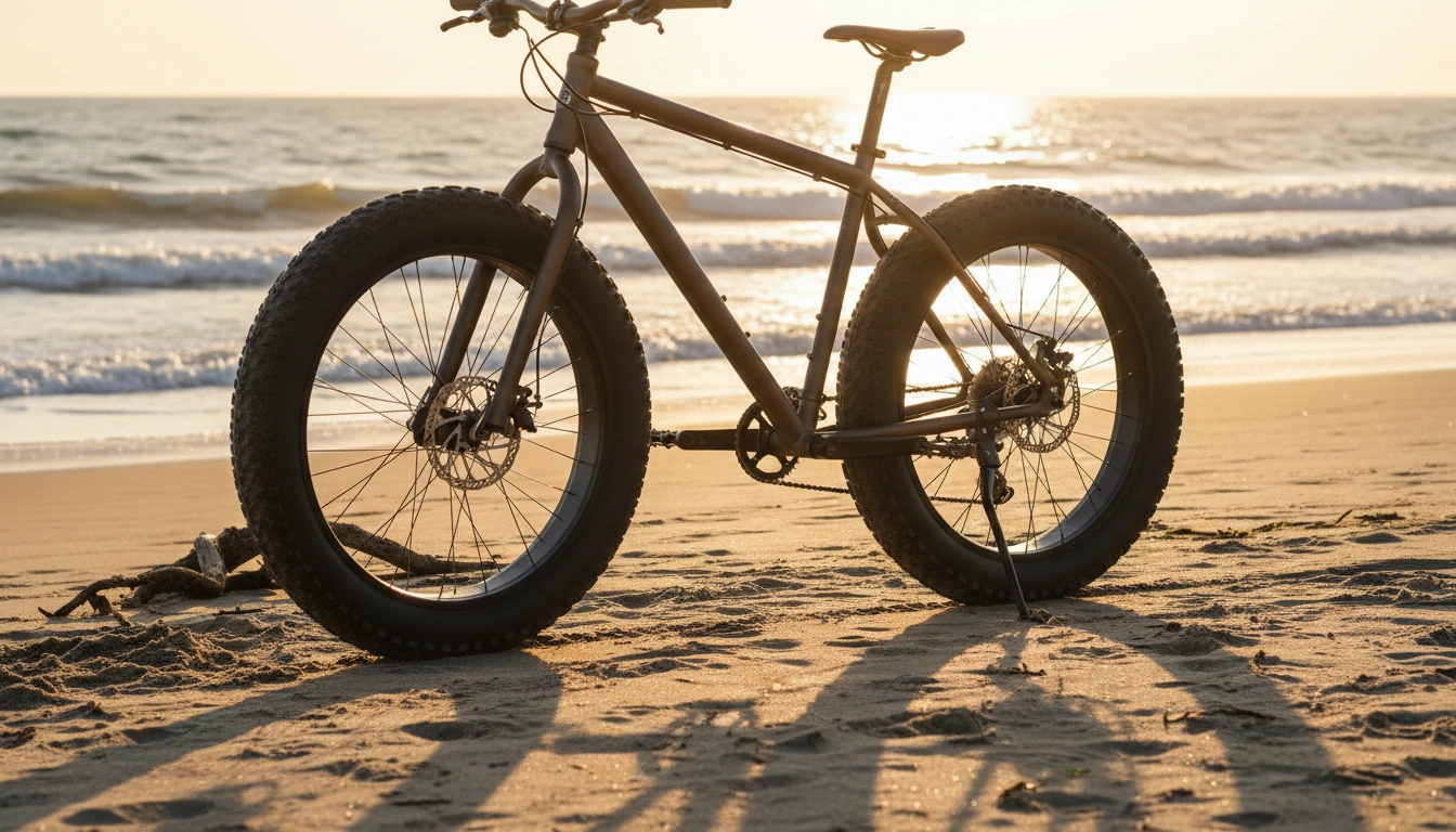 Fat tire bike on sandy beach at sunset