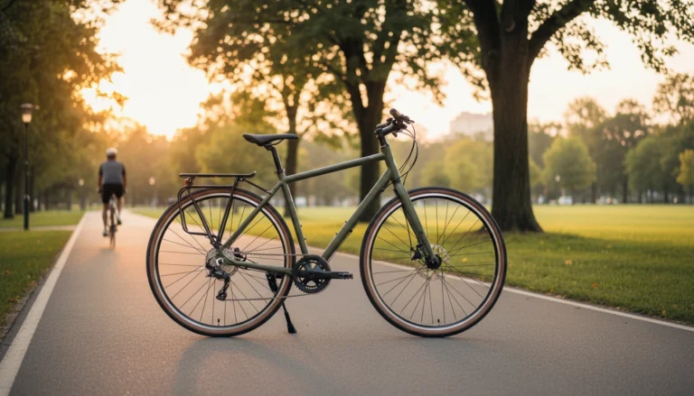 Aluminum hybrid bike on park bike path at golden hour