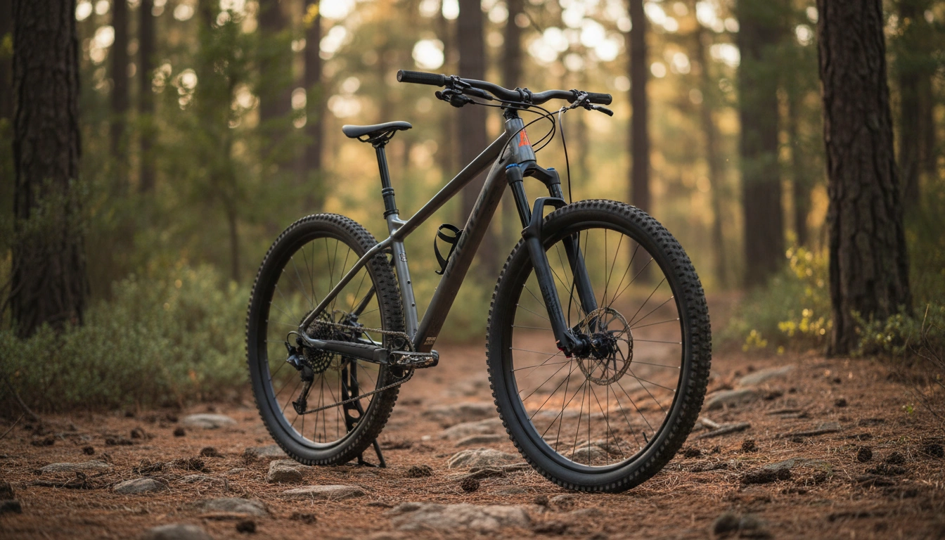 Hardtail mountain bike on forest singletrack trail