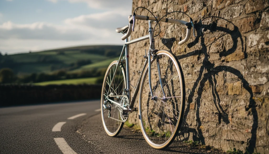 Steel road bike resting against a stone wall on a quiet countryside road