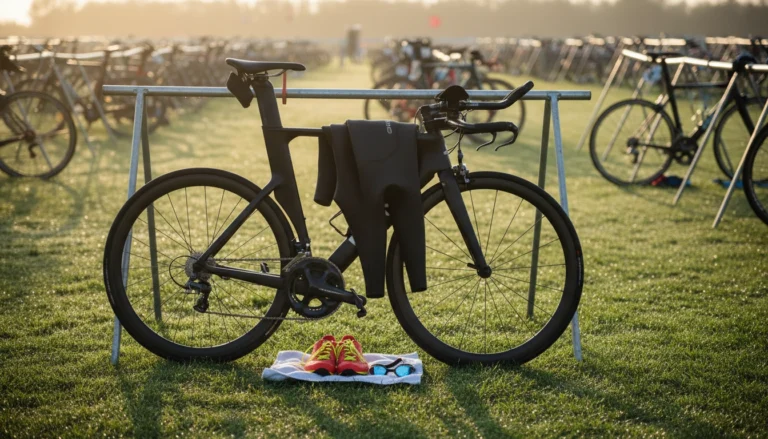Triathlon transition zone at dawn with TT bike racked on transition stand, wetsuit draped over frame, running shoes and goggles on towel