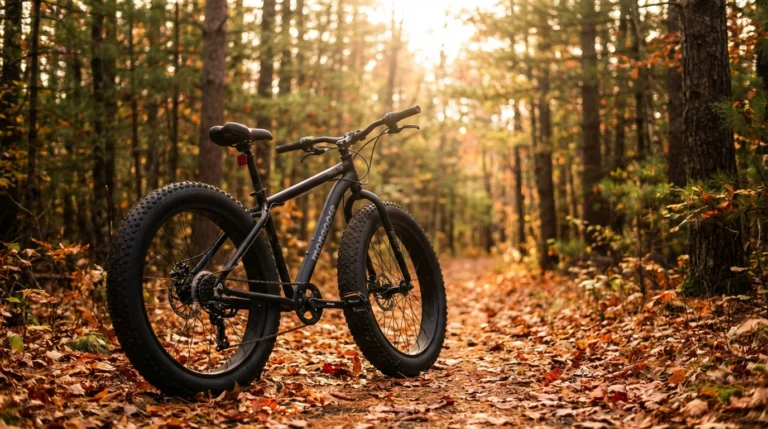 Mongoose Malus fat tire mountain bike on autumn forest trail