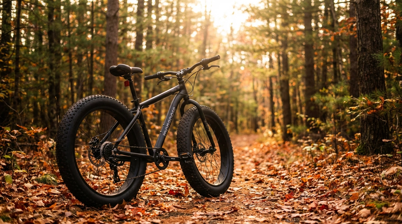 Mongoose Malus fat tire mountain bike on autumn forest trail