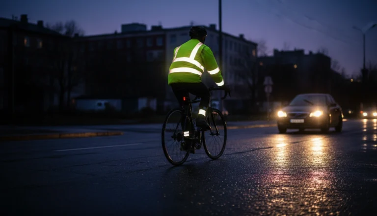 Cyclist in reflective vest riding at dusk with car headlights
