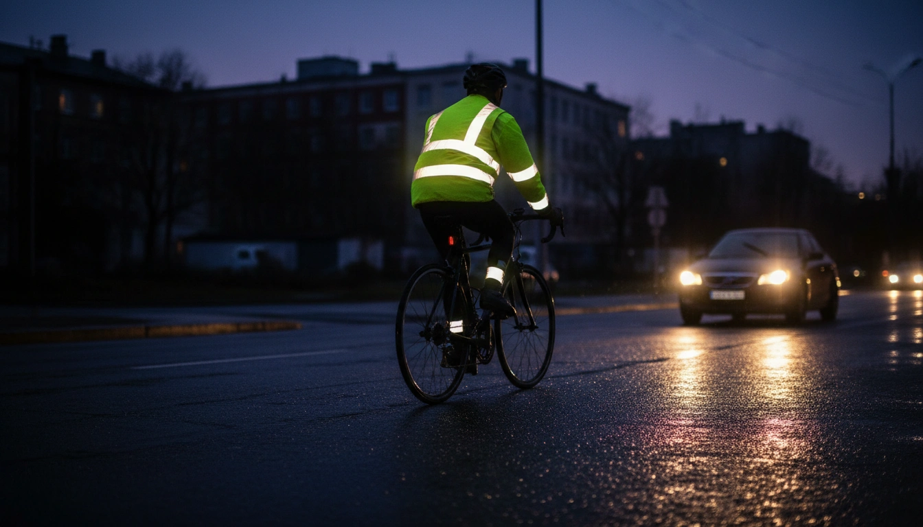 Cyclist in reflective vest riding at dusk with car headlights