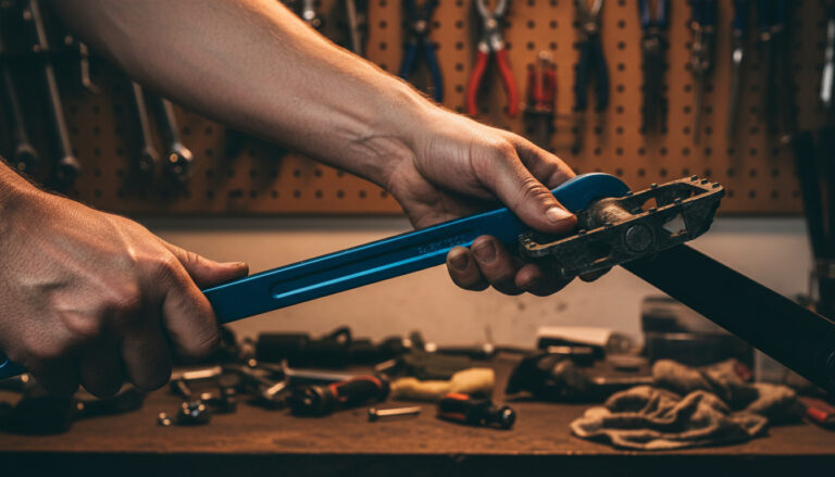 Cyclist using pedal wrench to remove bike pedal in workshop