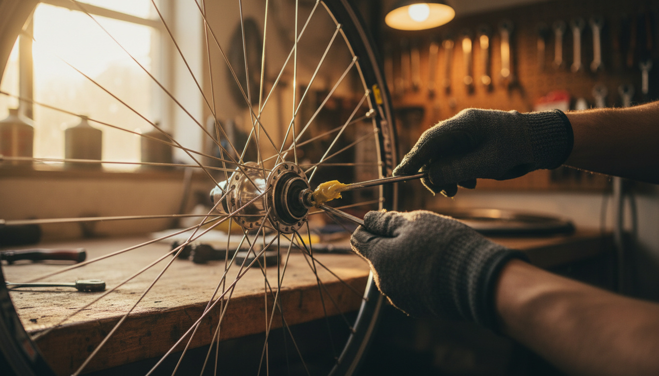Cyclist greasing bike wheel hub bearings with tools in workshop