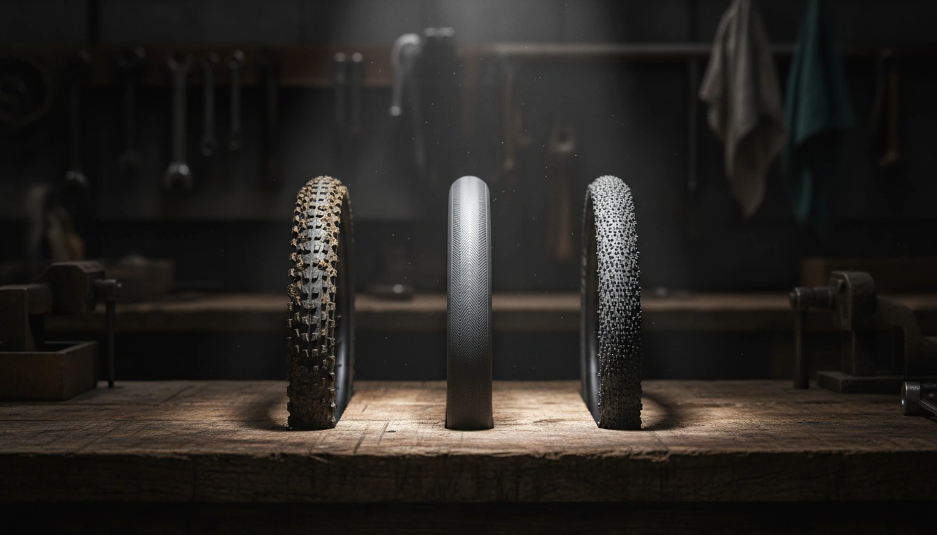 Three bicycle tires side by side on workshop workbench - tubular, clincher, and tubeless comparison