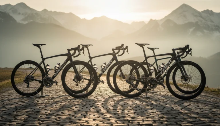 Premium road bikes arranged on cobblestone road with alpine mountains at golden hour - best bicycle brands