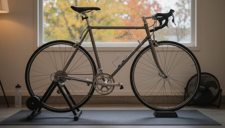Road bike mounted on a wheel-on indoor bike trainer in a home garage on a rainy autumn day