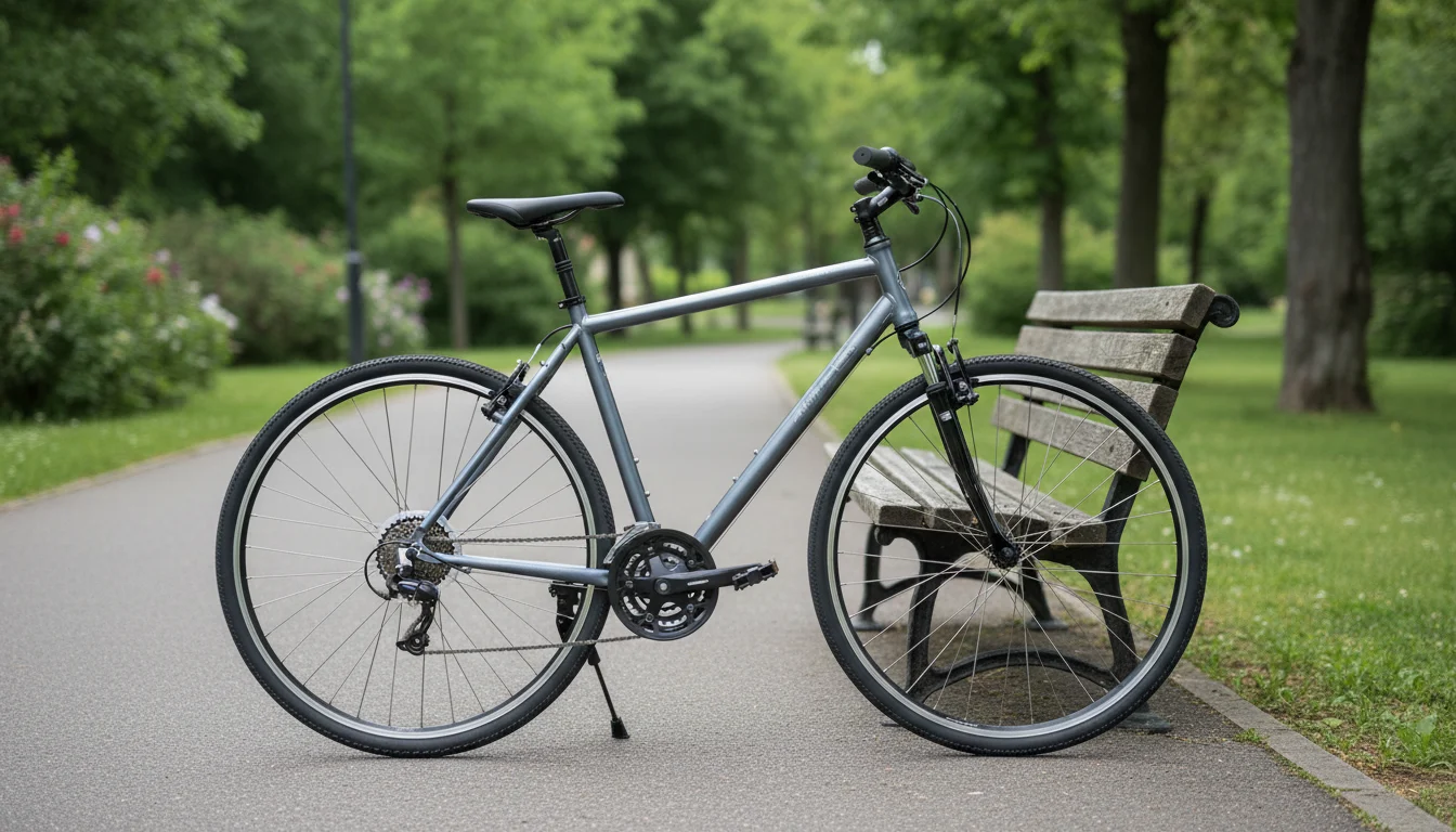 Gray aluminum hybrid bike with flat handlebar and front suspension fork parked on its kickstand beside a paved park path