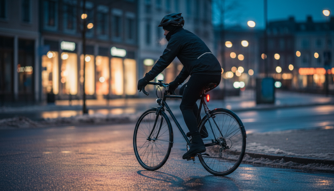 Cyclist in a dark winter jacket and tights riding a city street at dusk with a red rear bike light on